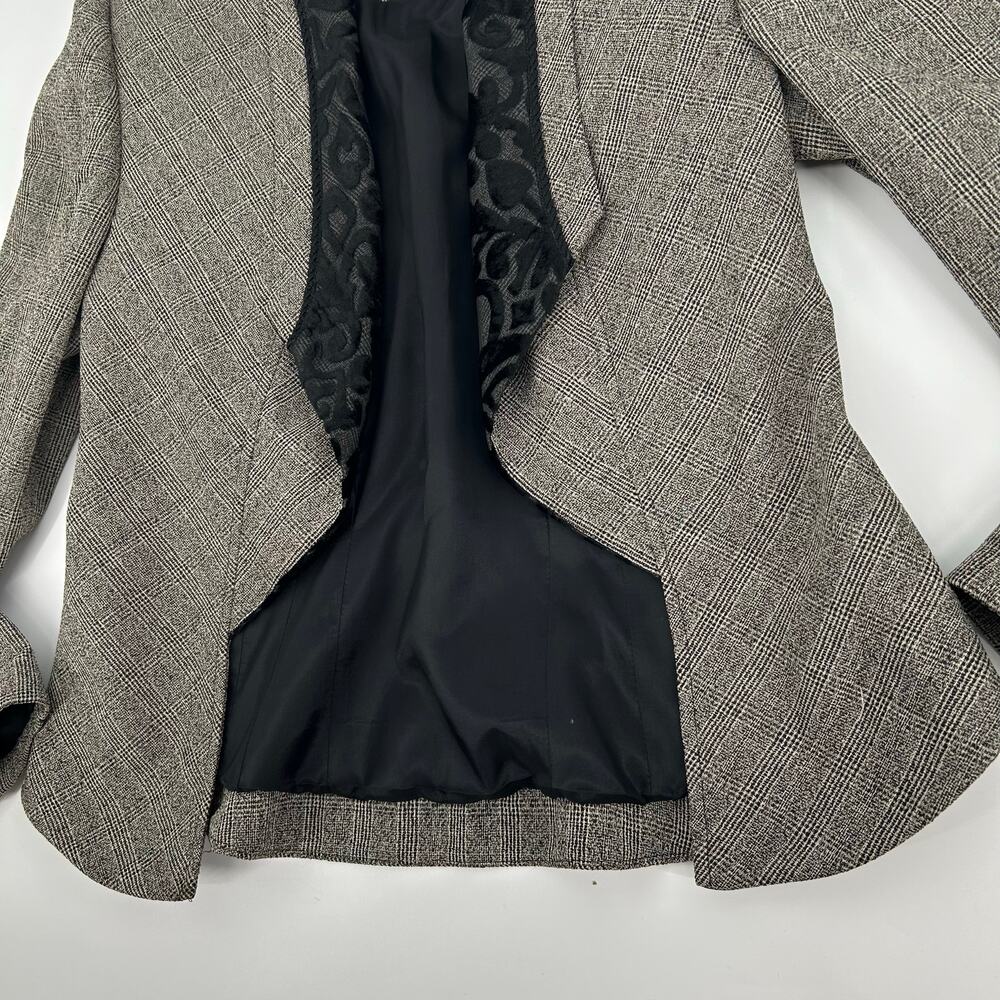 VTG 90s Womens Black Grey Sideffects Glen Check Plaid Velour Paisley Blazer Sz S - Picture 4 of 8